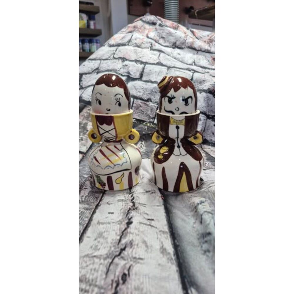 Vintage Salt Pepper Shakers and Egg Cups Anthropomorphic Man Woman Kitschy READ
